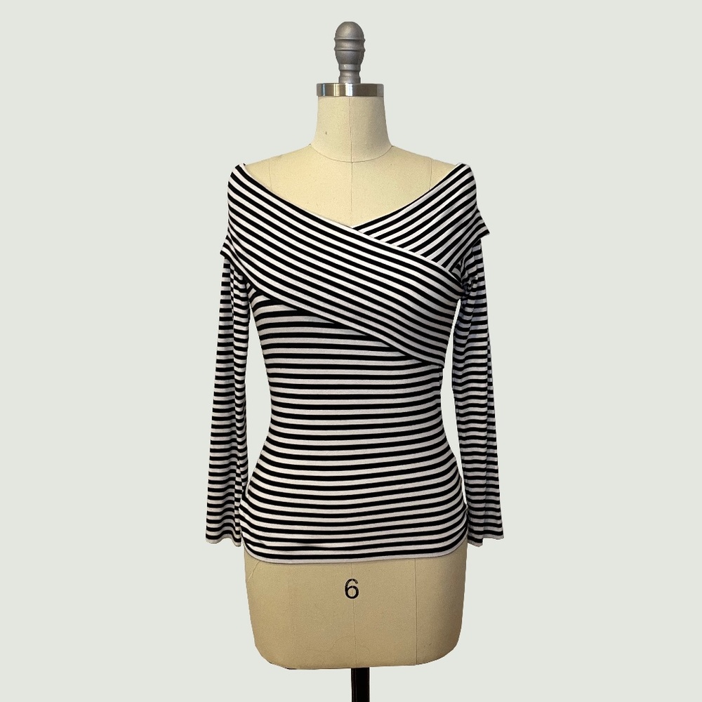 Theory - Kellay Long Sleeve Striped Ribbed Off Shoulder Top